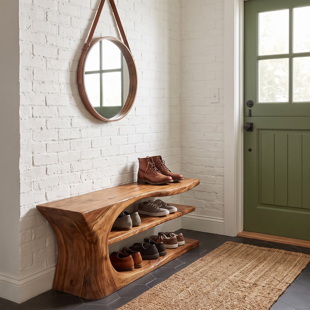 Shoe Storage Bench, Mid Century Handcrafted Solid Wood Entryway Seat