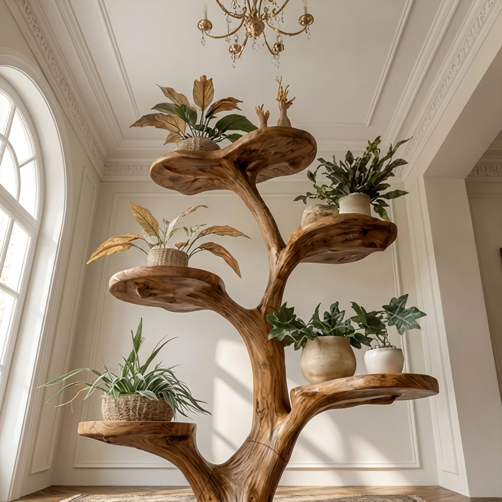 Tree Plant Shelf, Rustic Indoor Plant Stand from Old Tree Trunk