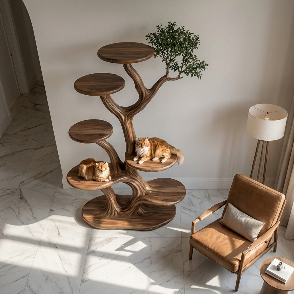Cat Tree Tower, Rustic Solid Wood Climbing Furniture for Living Room