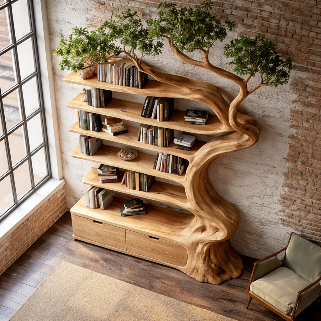 Tree Bookshelf with Storage Cabinet, Rustic Wood Branch Bookcase