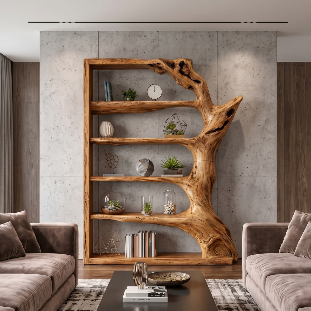 Contemporary Tree Bookshelf, Artistic Solid Wood Branch Book Display Rack Organizer
