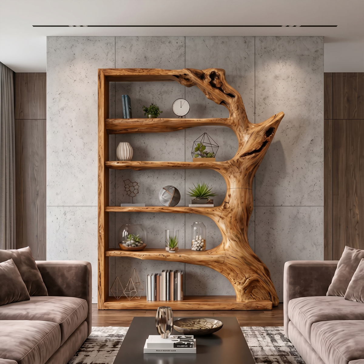 Contemporary Tree Bookshelf, Artistic Solid Wood Branch Book Display Rack Organizer