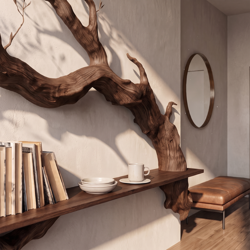 Branch Floating Shelf, Rustic Slab Wood with Sculpted Tree Accent