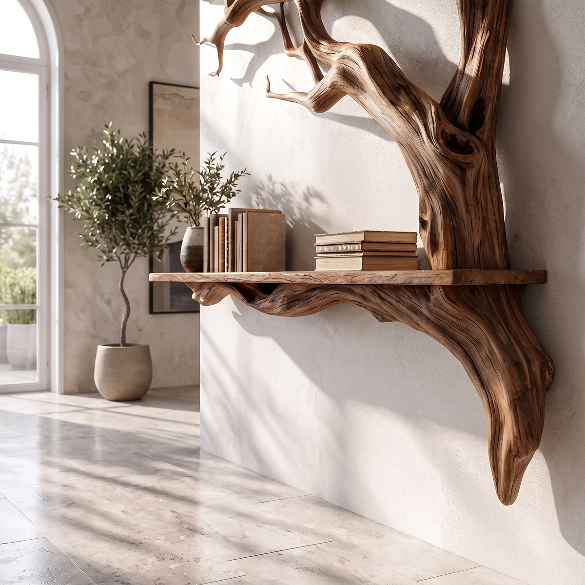 Tree Branch Wall Shelf, Rustic Solid Wood Floating Shelf with Branch
