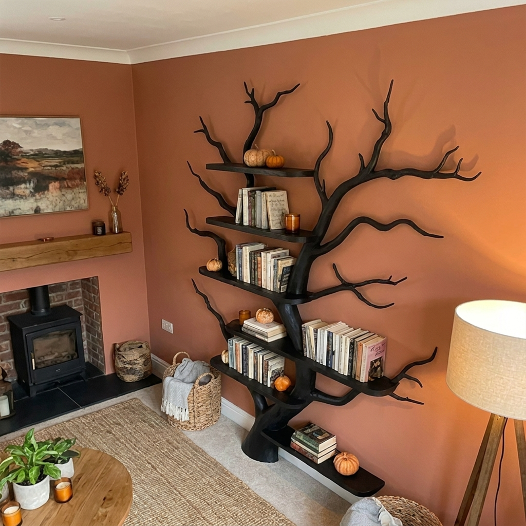 Tree Bookshelf, Mid Century Wall Mounted Solid Wood with Faux Leaves