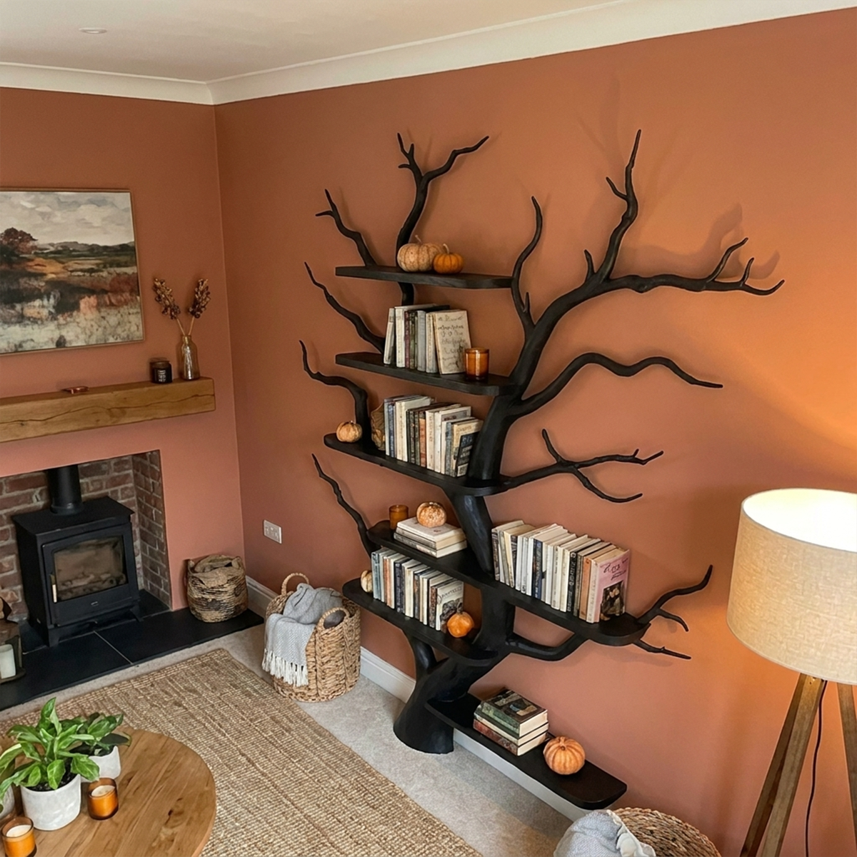 Tree Bookshelf, Mid Century Wall Mounted Solid Wood with Faux Leaves