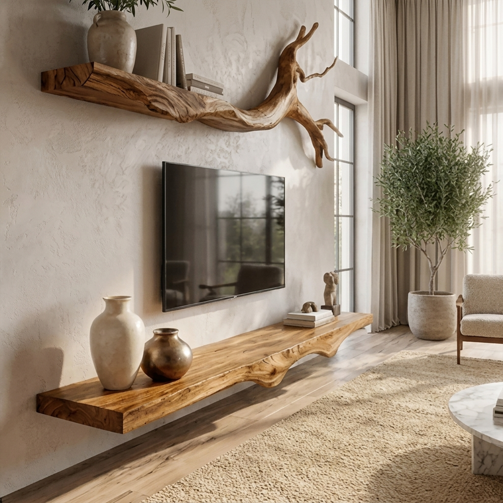 Floating TV Console Set of 2, Rustic Solid Wood Wall Media Shelves