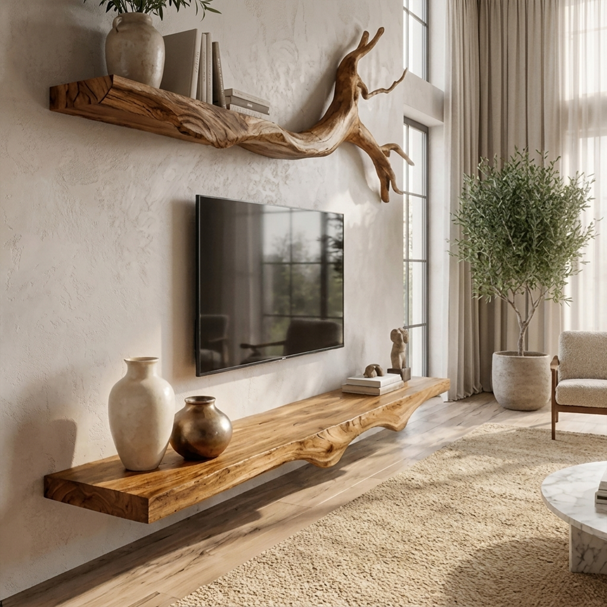 Floating TV Console Set of 2, Rustic Solid Wood Wall Media Shelves