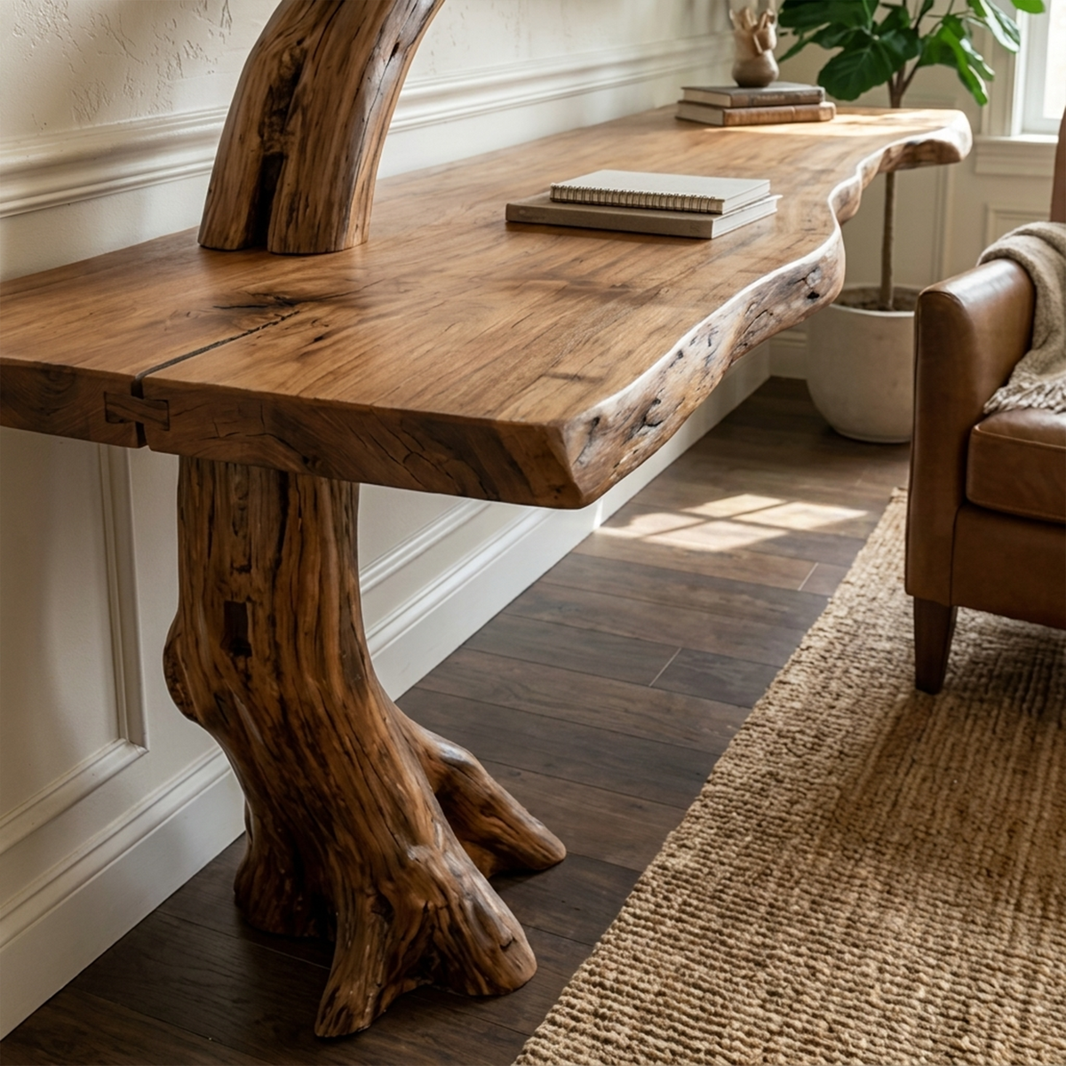 Tree Branch Console Table, Sculptural Solid Wood with Display Shelves