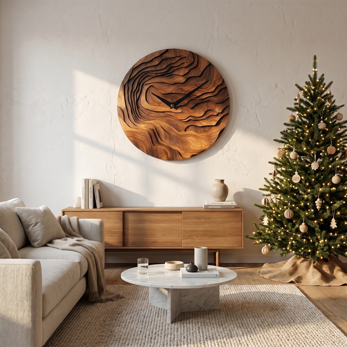 Rustic Wood Wall Clock with Hand Carved Organic Pattern for Living Room