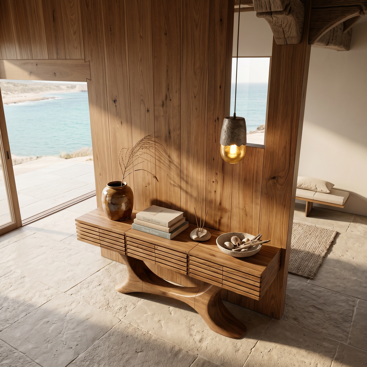 Contemporary Console Table With Curved Tree Trunk Base And Built In Storage Drawers For