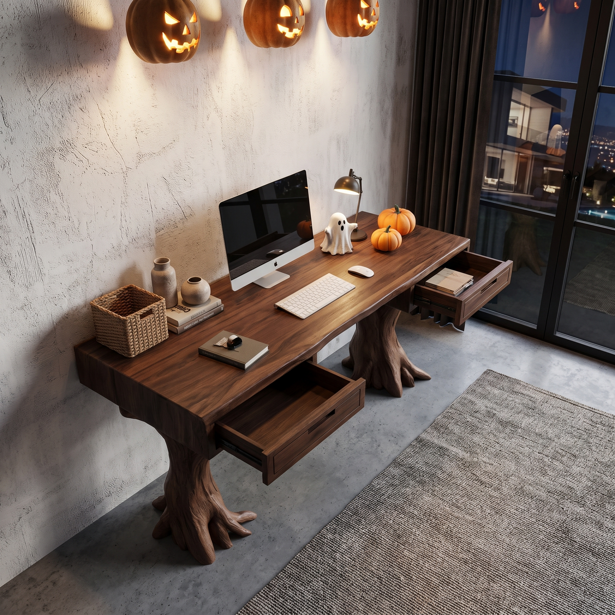 Contemporary Halloween Storage Desk With Pumpkin Display Shelves For Home Office