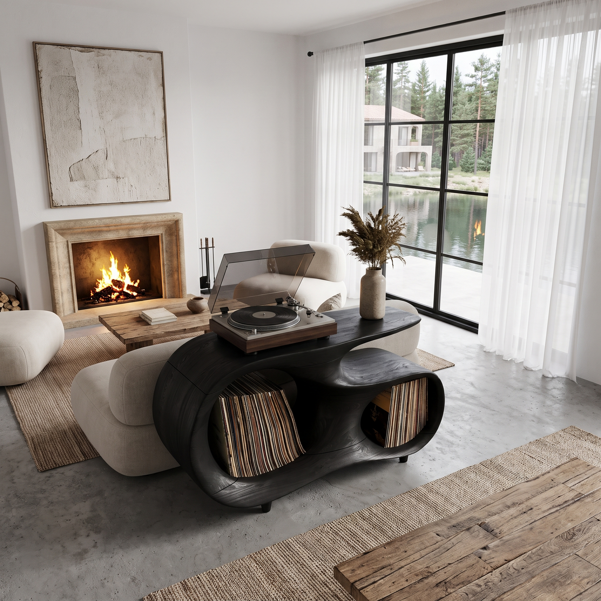 Contemporary Turntable Stand With Flowing Open Frame Design For Entryway