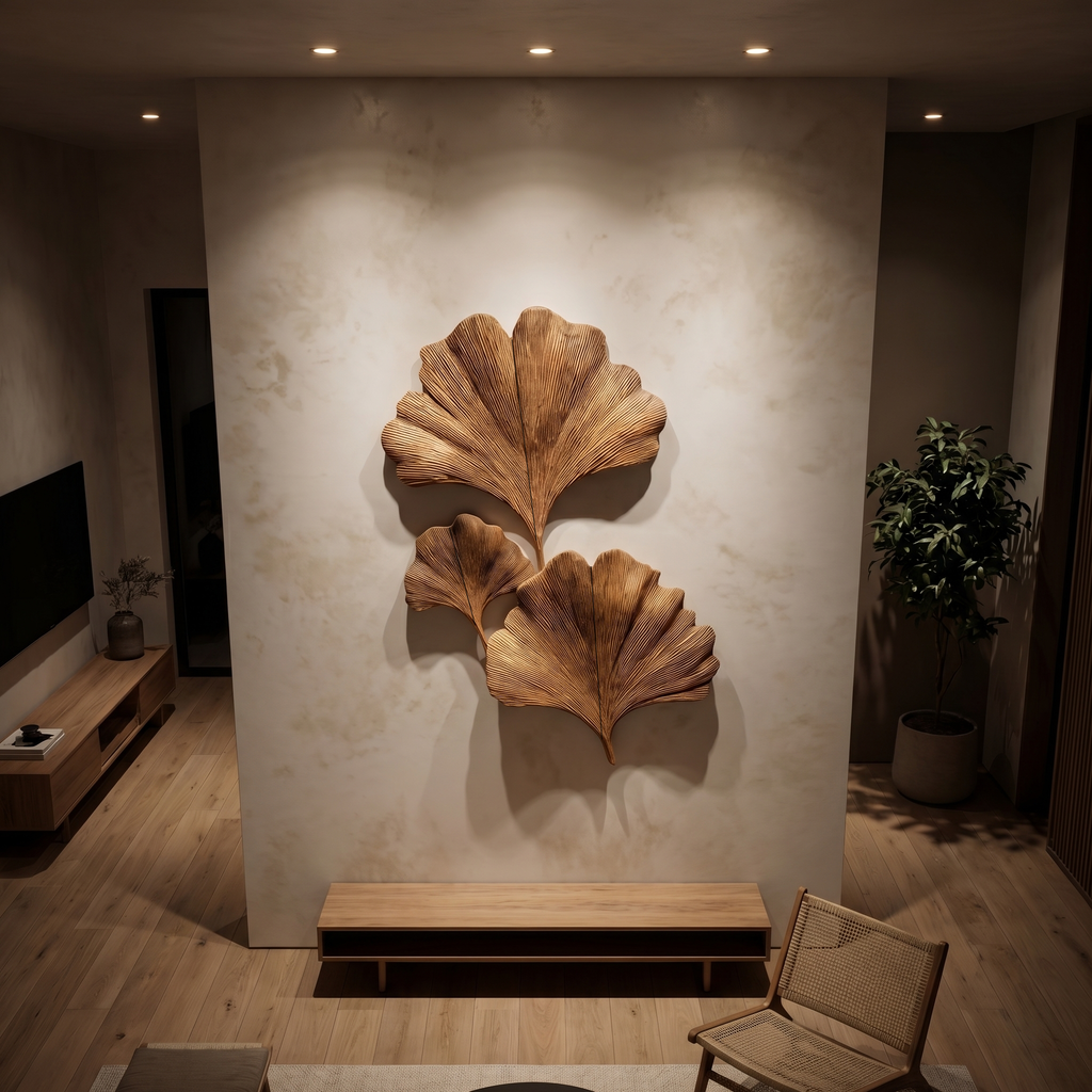Ginkgo Leaf Wall Art, Layered Abstract Wood Sculpture for Living Room