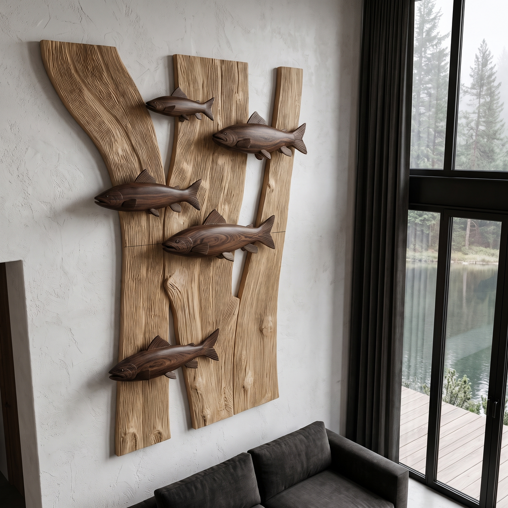 Contemporary Wooden Fish Wall Decor With Sculptural River Scene For Living Room And Entryway