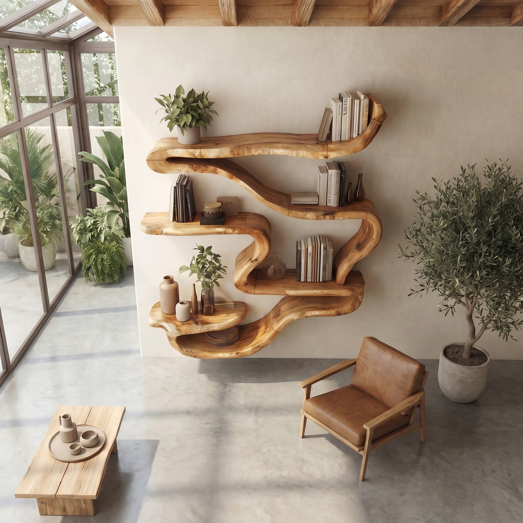 Wall Mounted Bookshelf, Organic Curved Wood Shelf for Reading Room