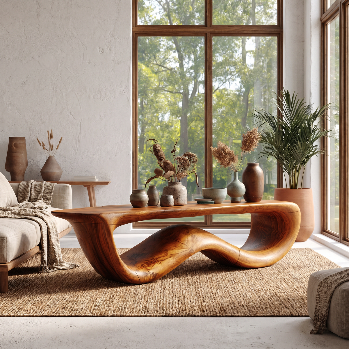 Contemporary Coffee Table With Flowing Solid Wood Silhouette