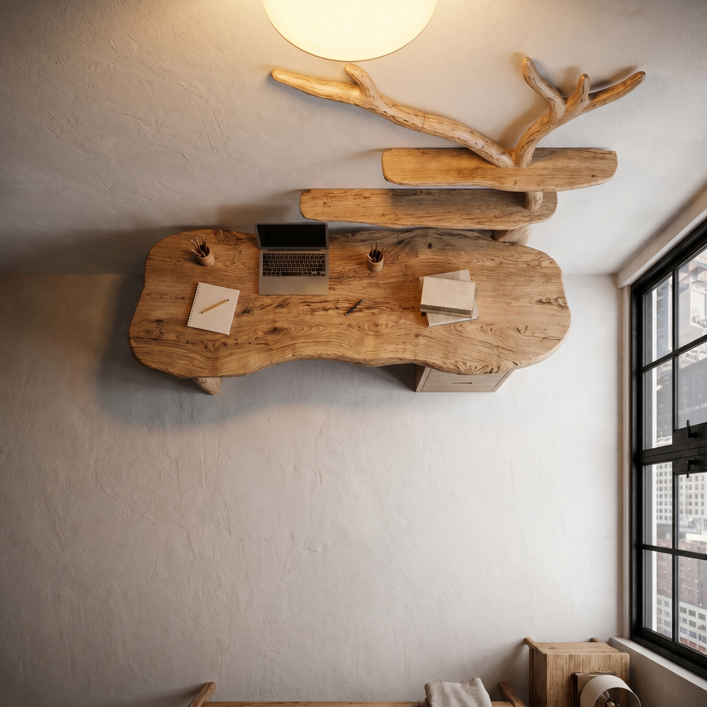 Tree Branch Desk with Bookshelf and Drawers, Live Edge Solid Wood