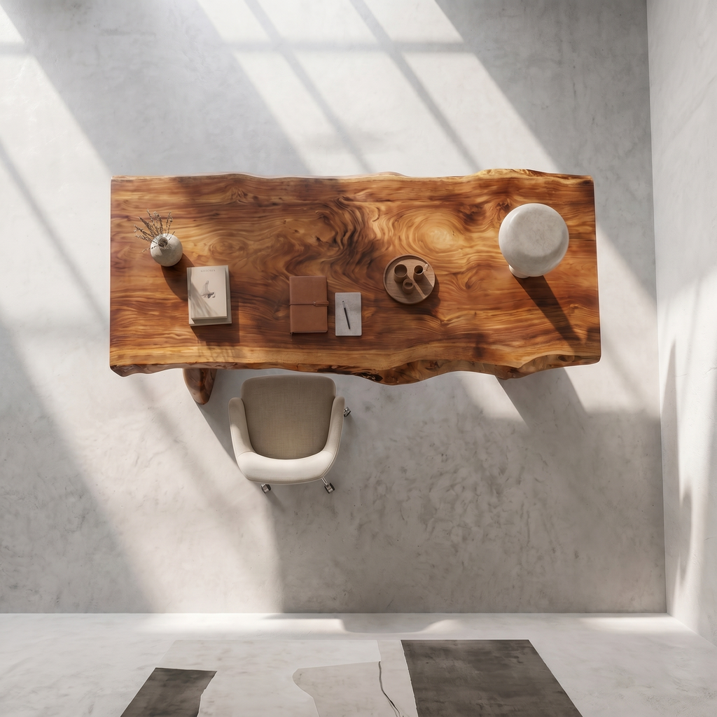 Live Edge Executive Desk, Rustic Solid Wood Desk with Sculptural Base