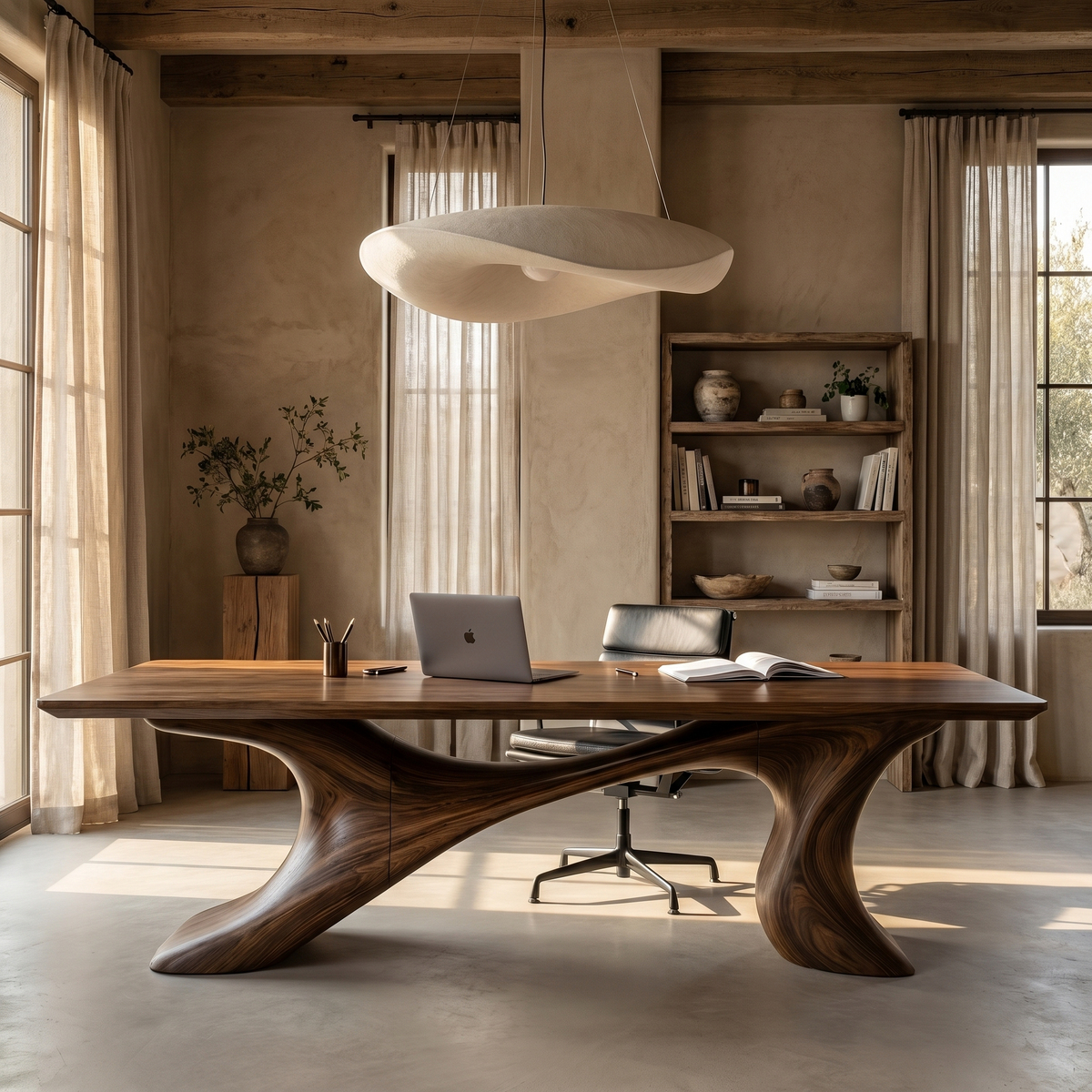 Sculptural Wood Office Desk, Organic Modern Executive Workstation