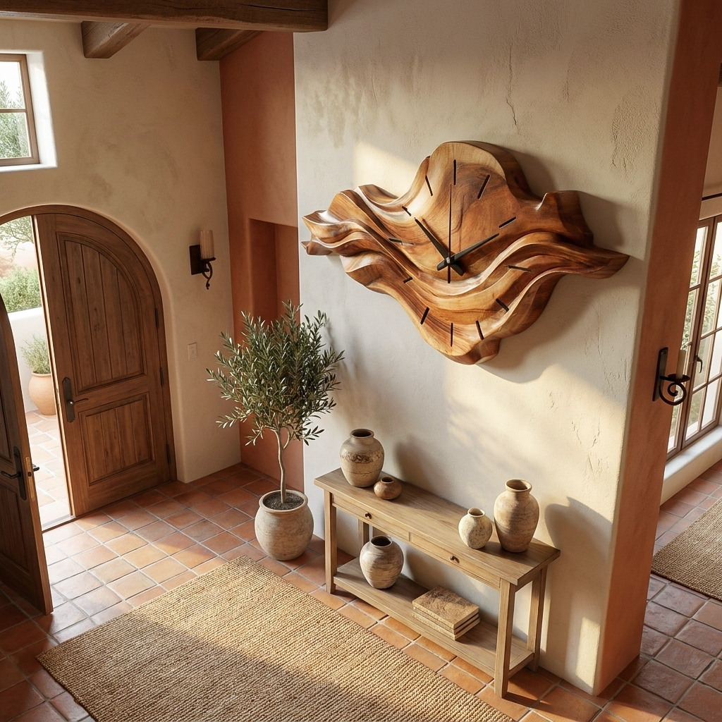 Contemporary Wooden Wall Clock with Unique Wave Sculpture for Home