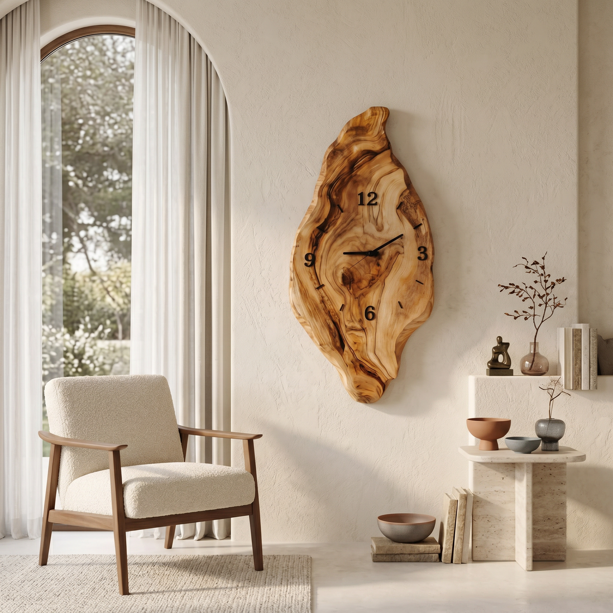 Rustic Wall Clock with Live Edge Design, Handcrafted Organic Solid Wood Silent Round