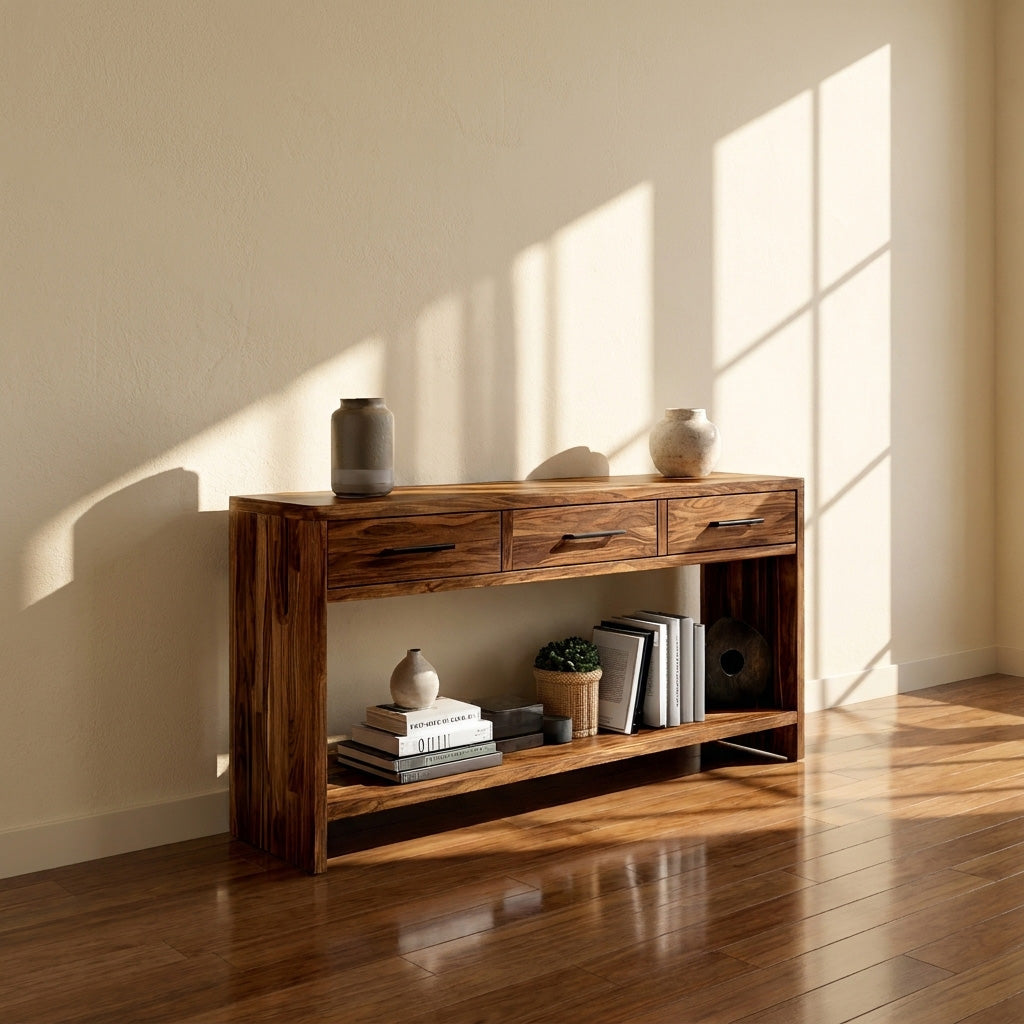 Console Table With Drawers, Solid Wood Entryway Table