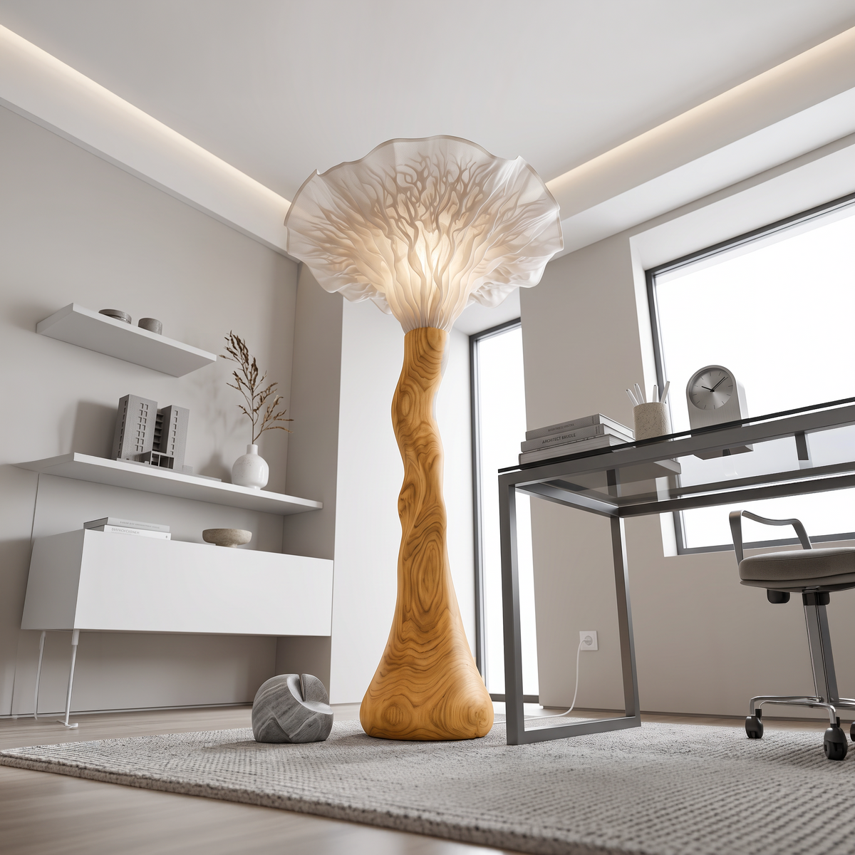 Farmhouse Sculptural Wooden Mushroom Floor Lamp For Bedroom