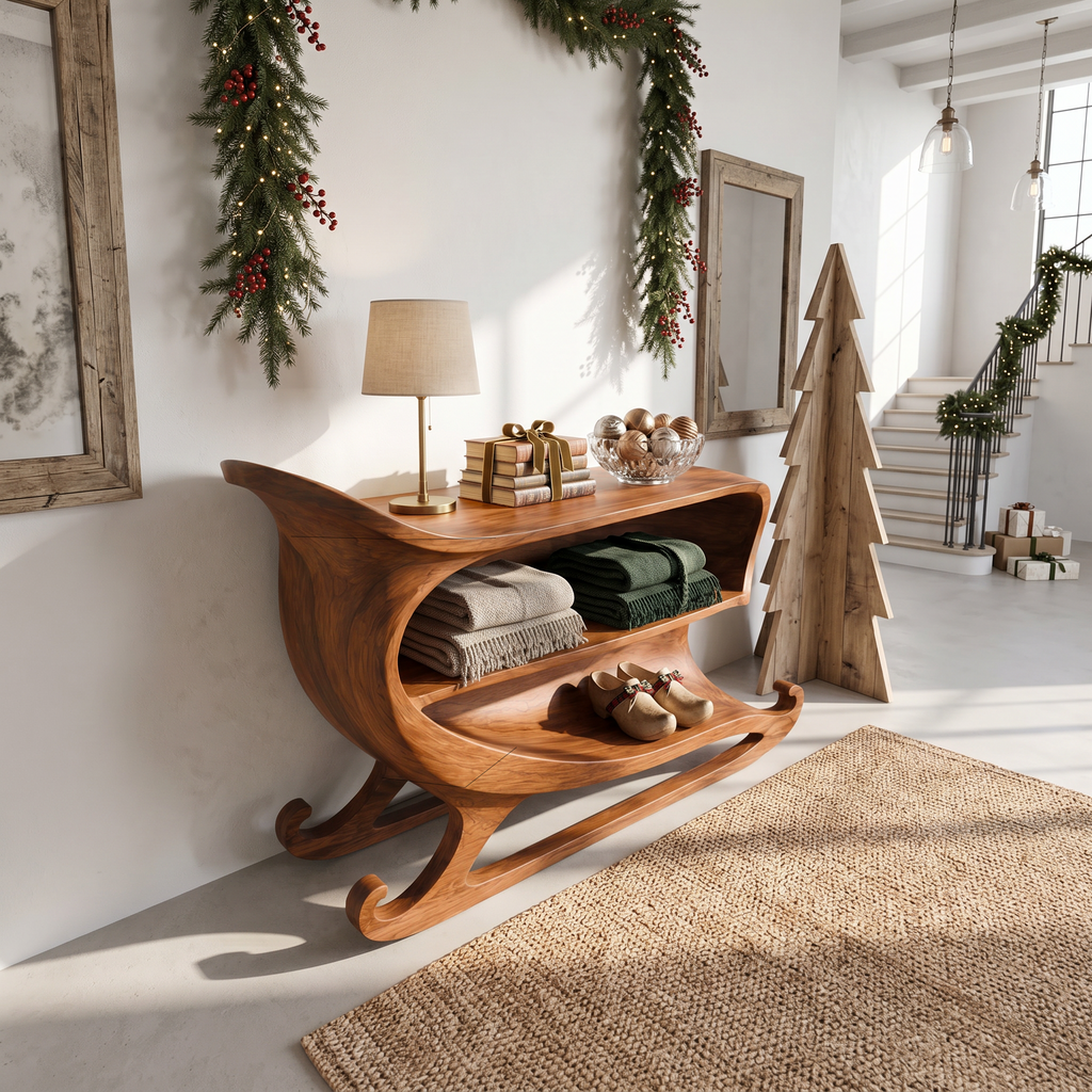 Farmhouse Christmas Console Table With Sleigh Inspired Scroll Design For Entryway And