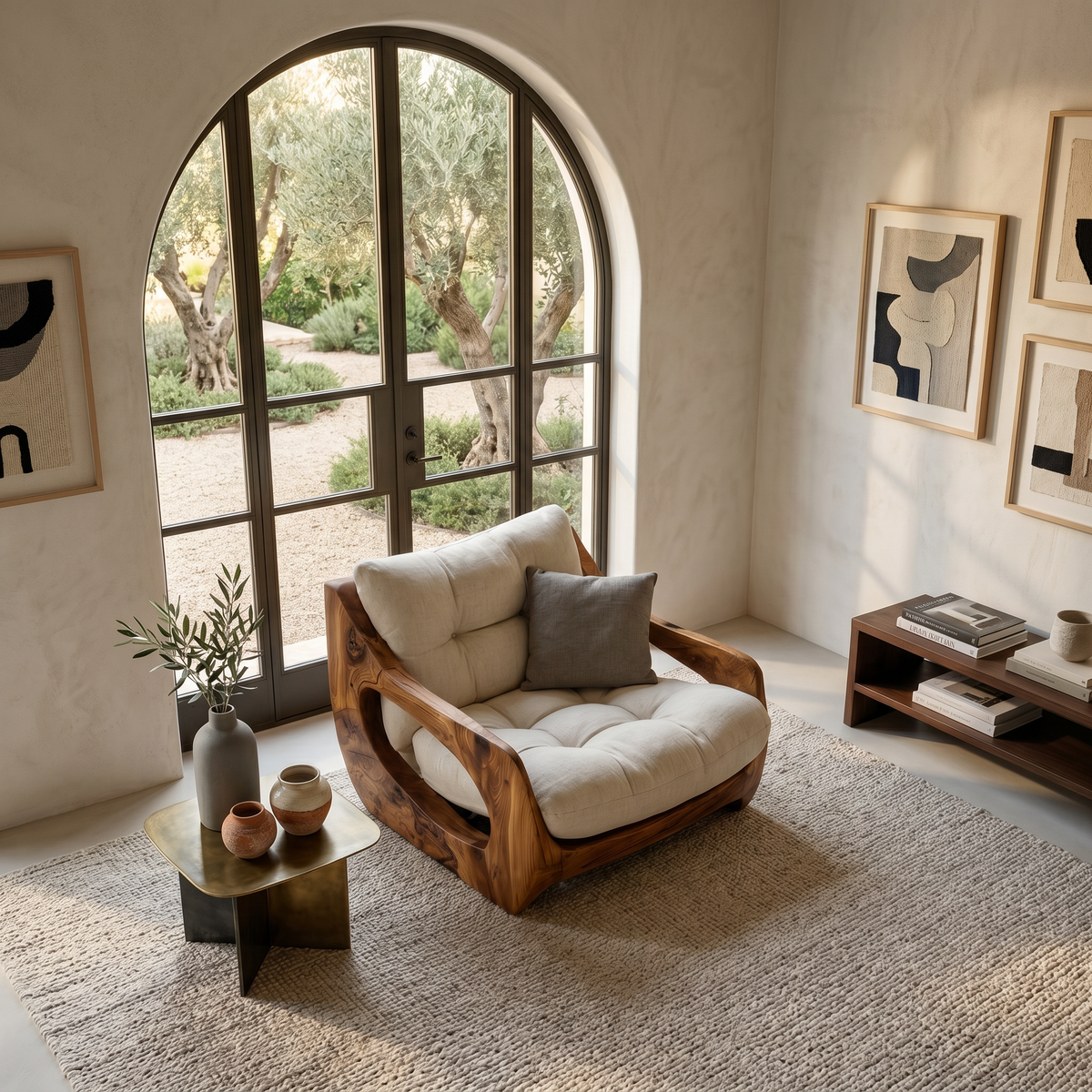Organic Lounge Chair with Cushions, Carved Wood Frame Accent Seating