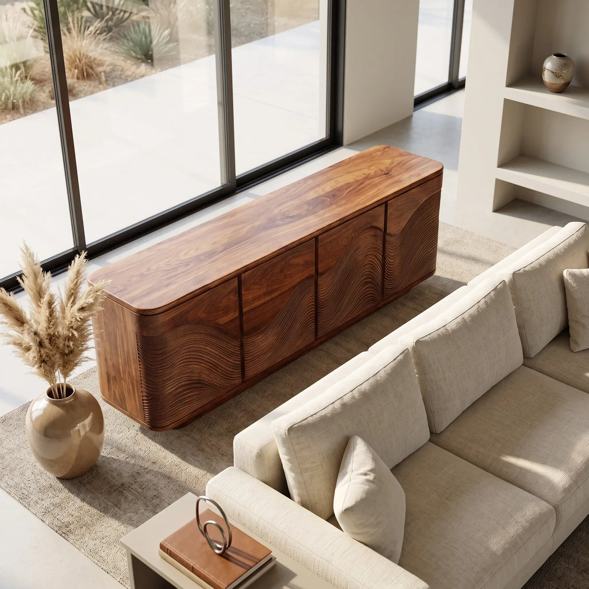 Contemporary Flowing Wave Carved Sideboard For Living Room