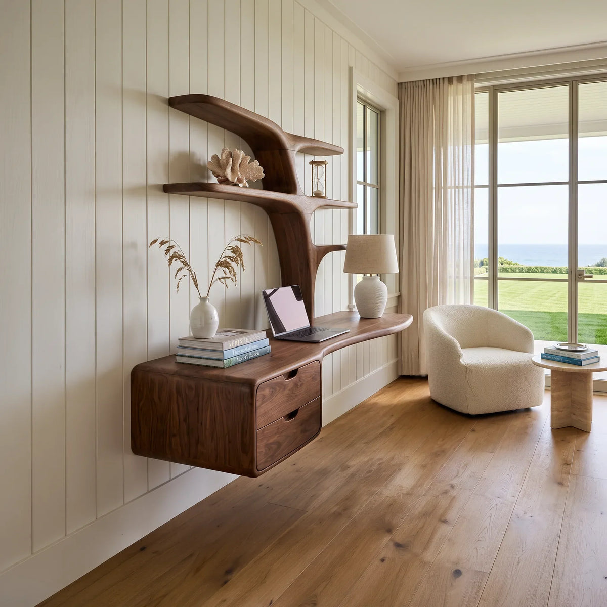 Contemporary Floating Desk Tree Form Bookshelf And Drawer For