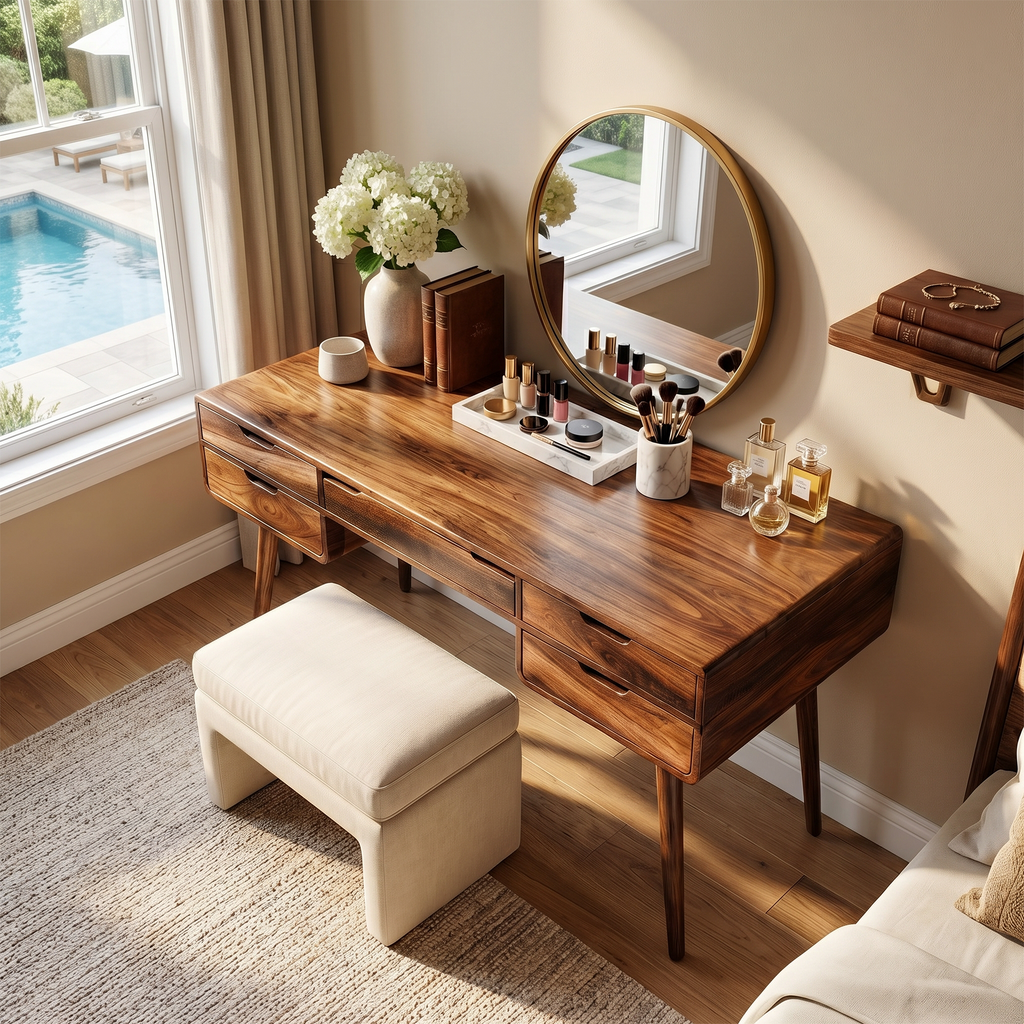 Classic Wooden Makeup Vanity Desk, Handcrafted Dressing Table with Storage Drawers for Bedroom Beauty Area & Dressing Room
