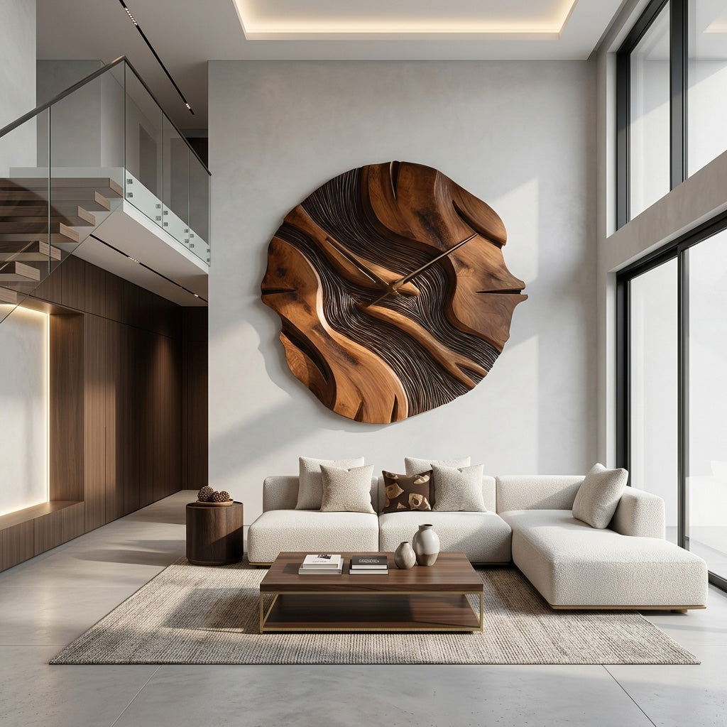 Organic Sculptural Wooden Wall Clock, Modern Abstract Hand-Carved Wood Clock