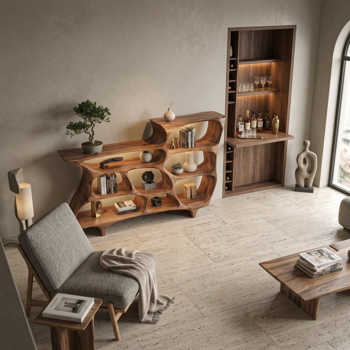 Contemporary Organic Bookshelf With Open Shelves For Living Room Or