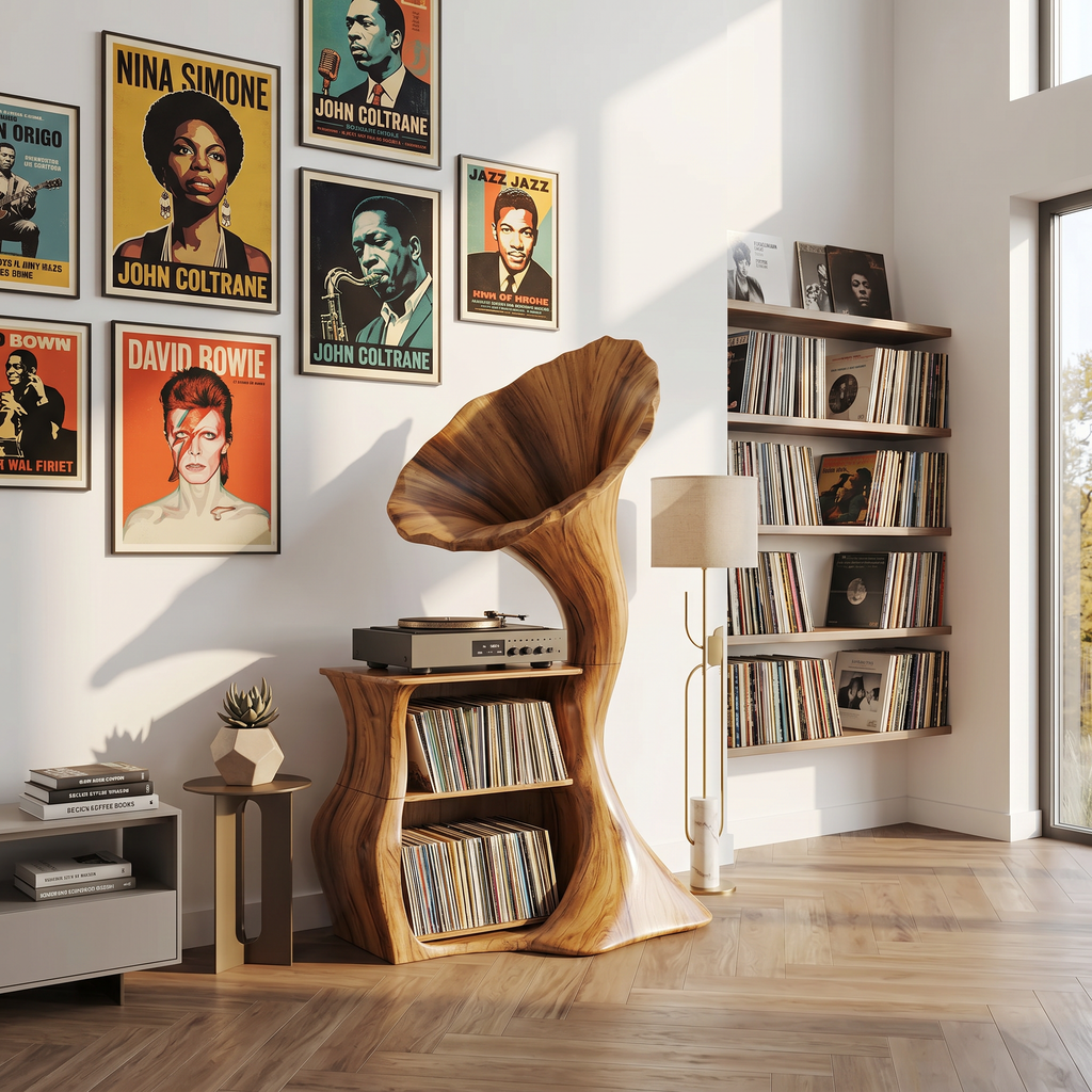 Tall Record Player Stand, Hardwood Cube Vinyl Storage for Living Room