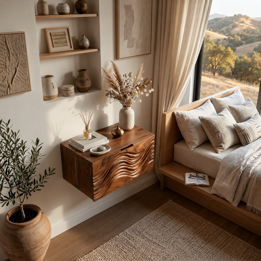 Modern Wooden Floating Nightstand With Wave Carved Drawer Front