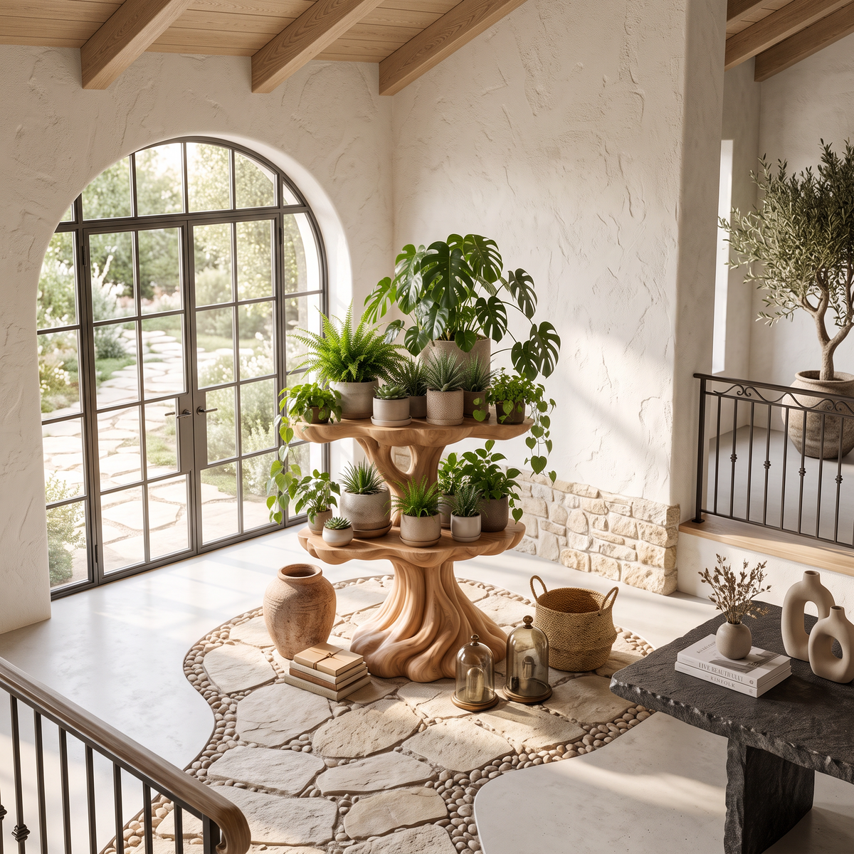 Contemporary Tiered Plant Shelf With Organic Branch Design For Living Room And Entryway