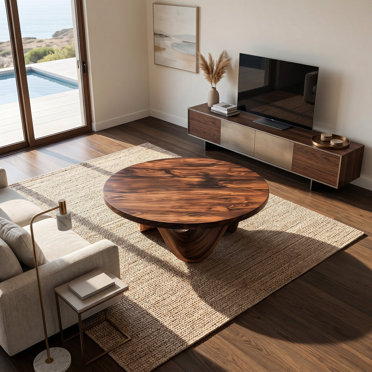 Contemporary Round Coffee Table With Continuously Curved Base For