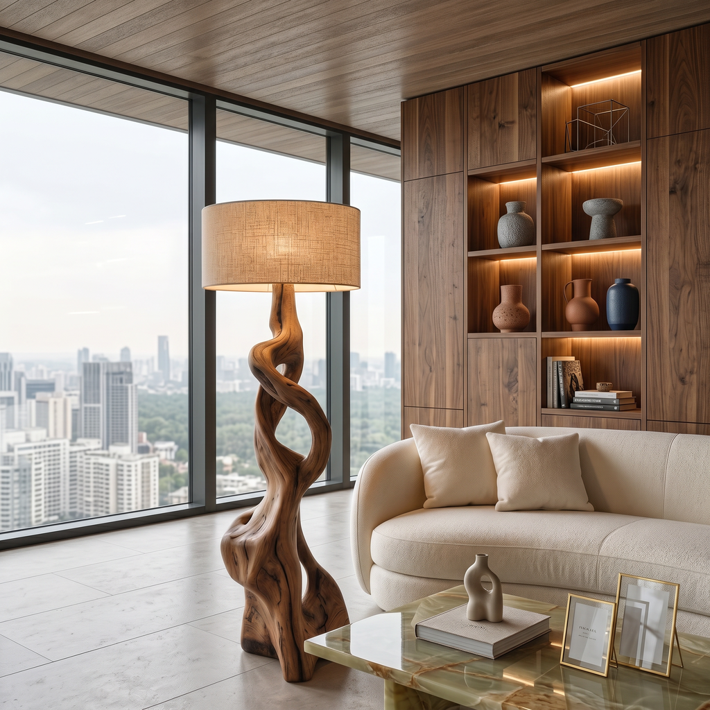 Carved Wood Floor Lamp, Sculptural Twisted Base for Living Room