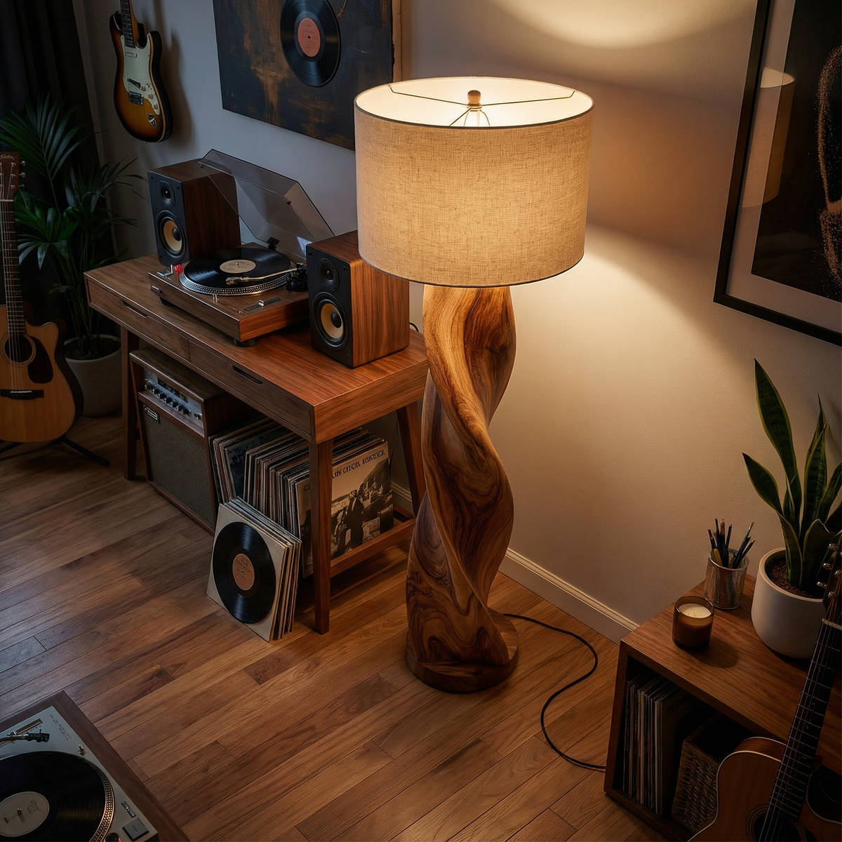 Industrial Sculptural Table Lamp, Modern Wood & Metal Geometric Ambient Nightlight for Entryway Console & Living Room Corner