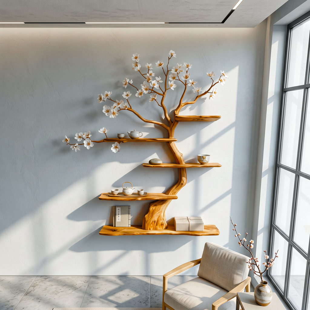 Tree Wall Shelf, Apricot Branch Solid Wood Bookshelf Art Display