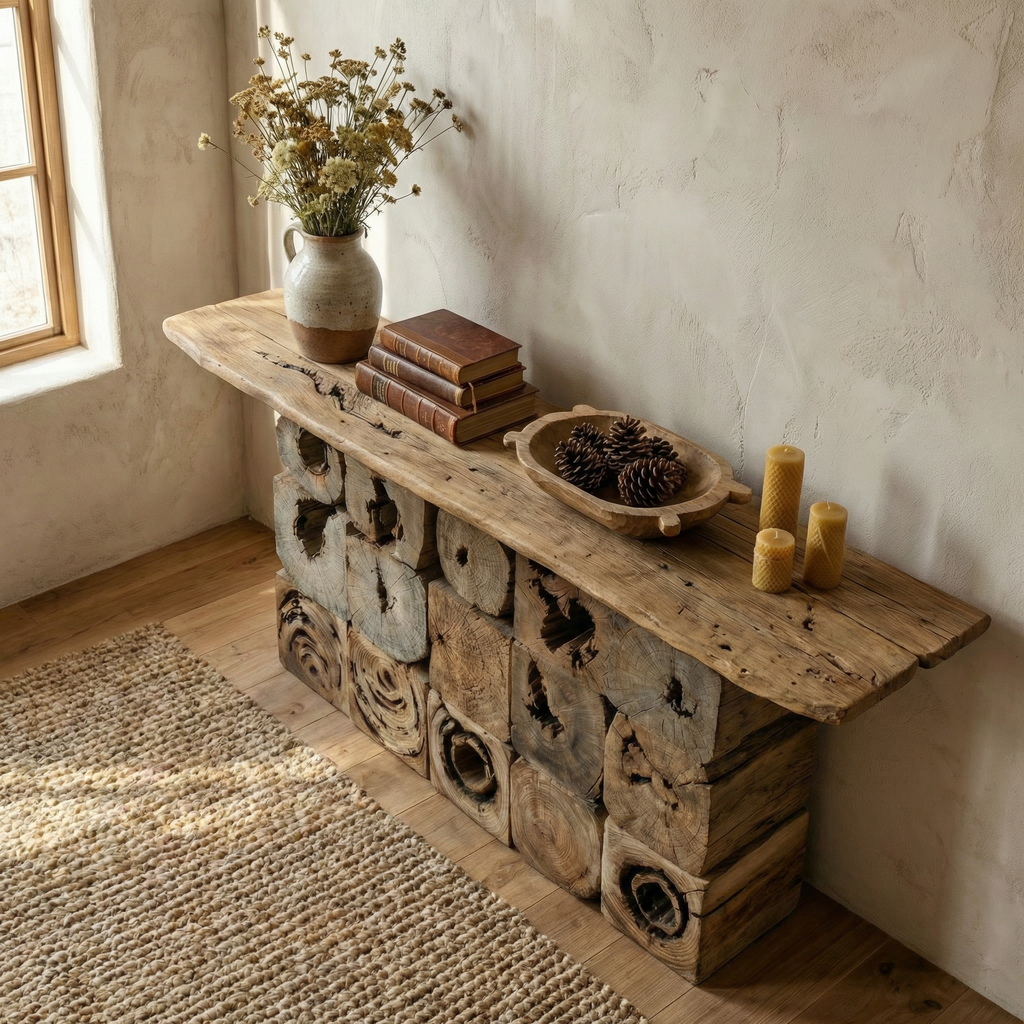 Log Console Table, Rustic Natural Wood Round Mosaic Entryway Table