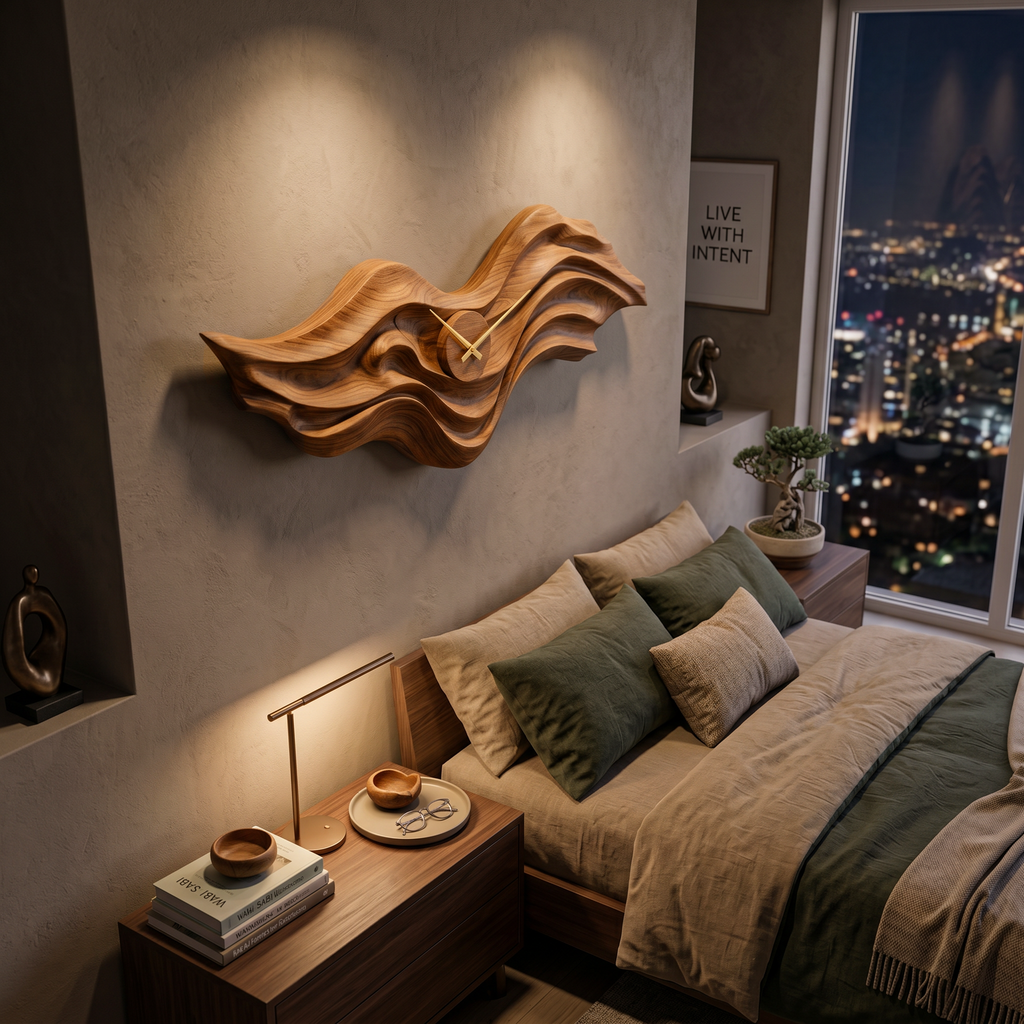 Organic Wood Wall Clock with Wave Sculpture for Living Interior