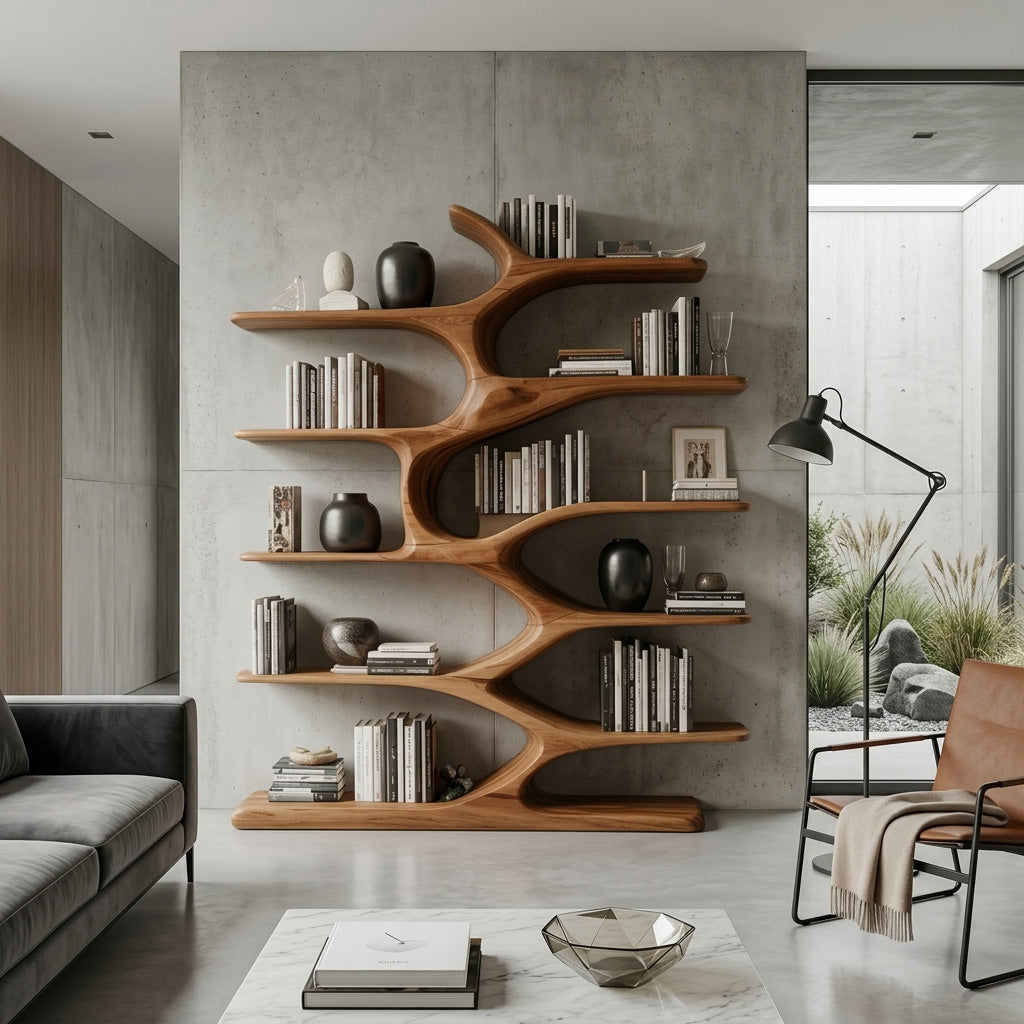 Sculptural Wood Bookshelf, Organic Modern Bookcase for Living Room