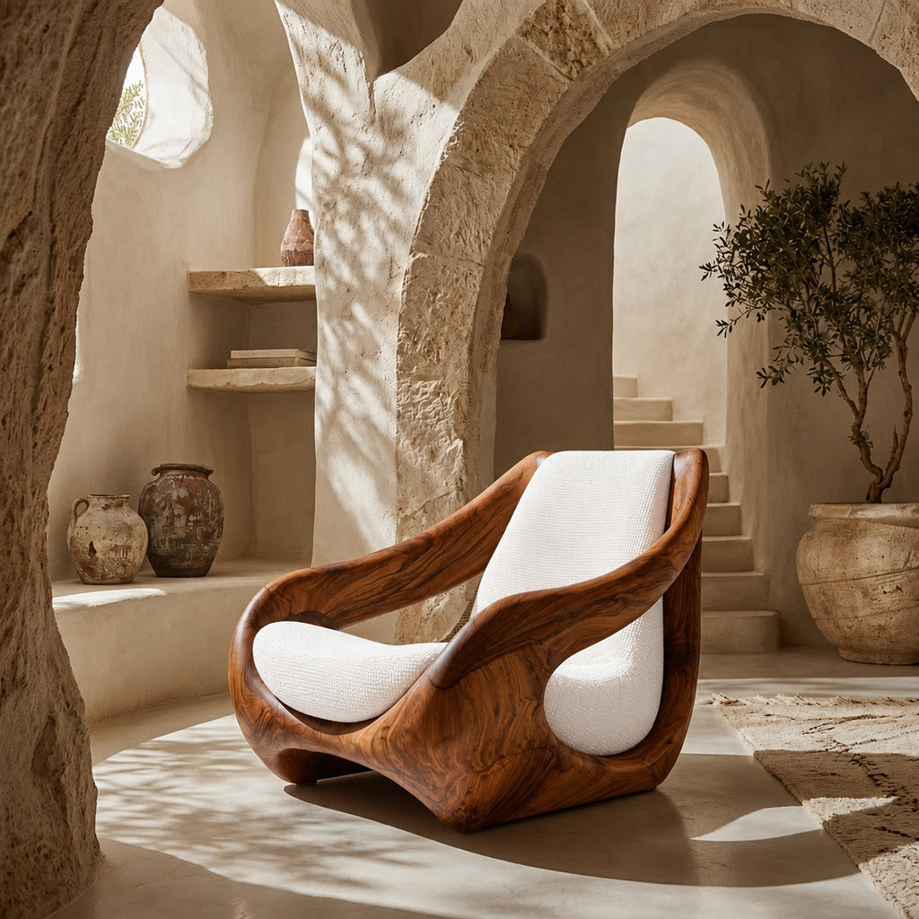 Sculptural Accent Chair, Solid Wood Lounge Armchair for Living Room