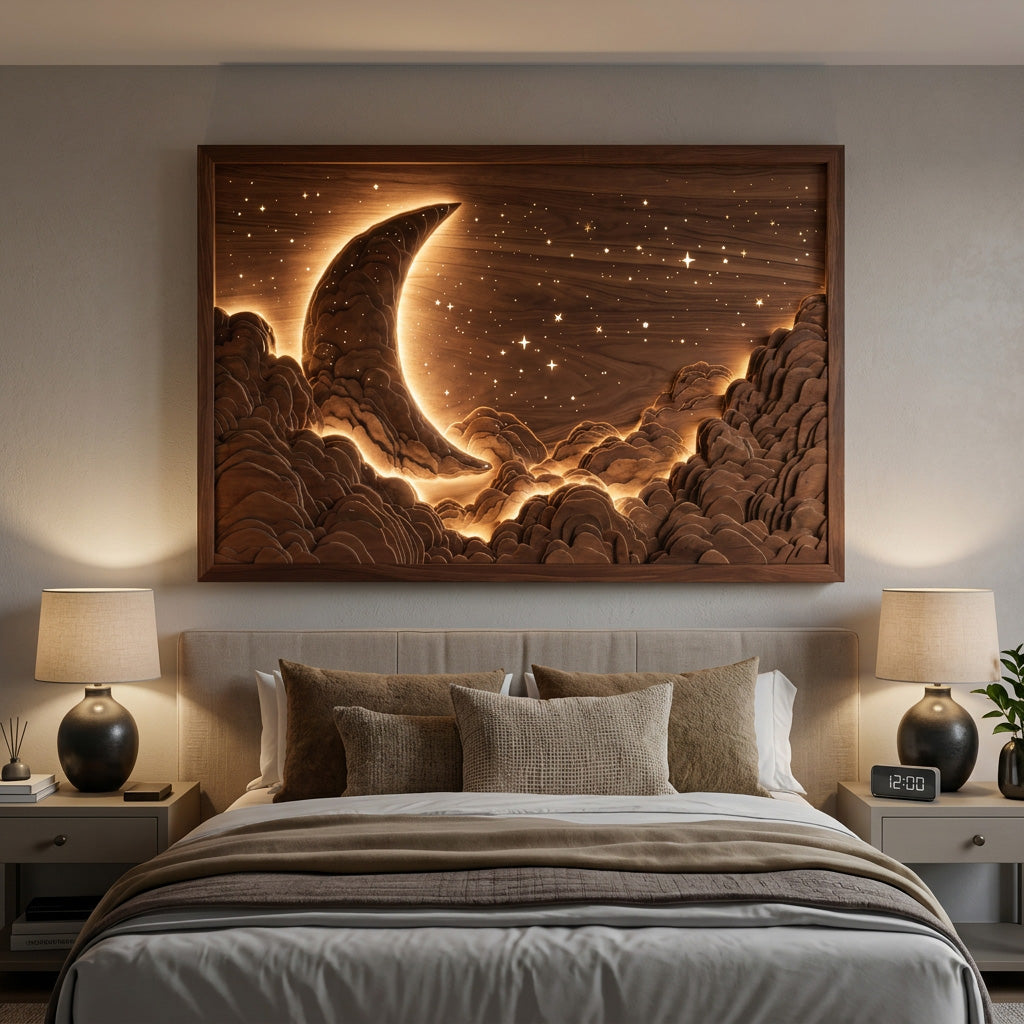 Moon and Stars Wood Wall Art, Hand-Carved Nursery and Bedroom Decor