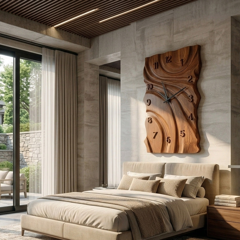 Rustic Wooden Wall Clock, Hand-Carved Abstract Geometric Design Wood Clock