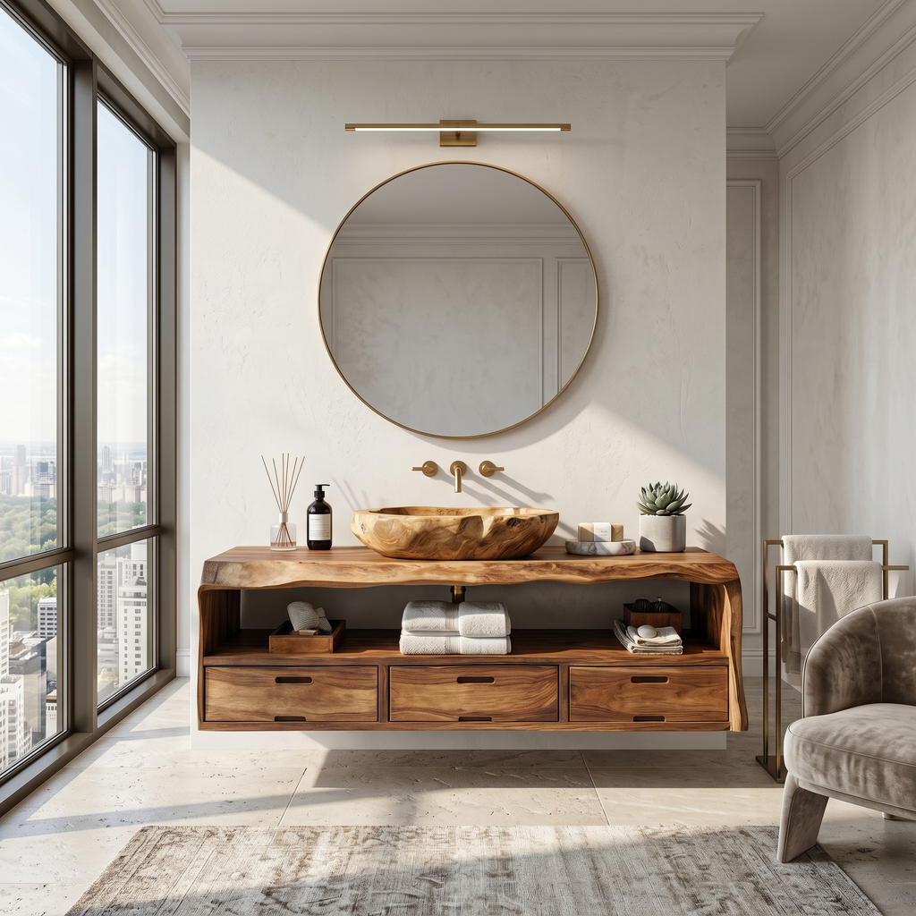 Farmhouse Floating Bathroom Vanity, Solid Natural Wood Wall Mount
