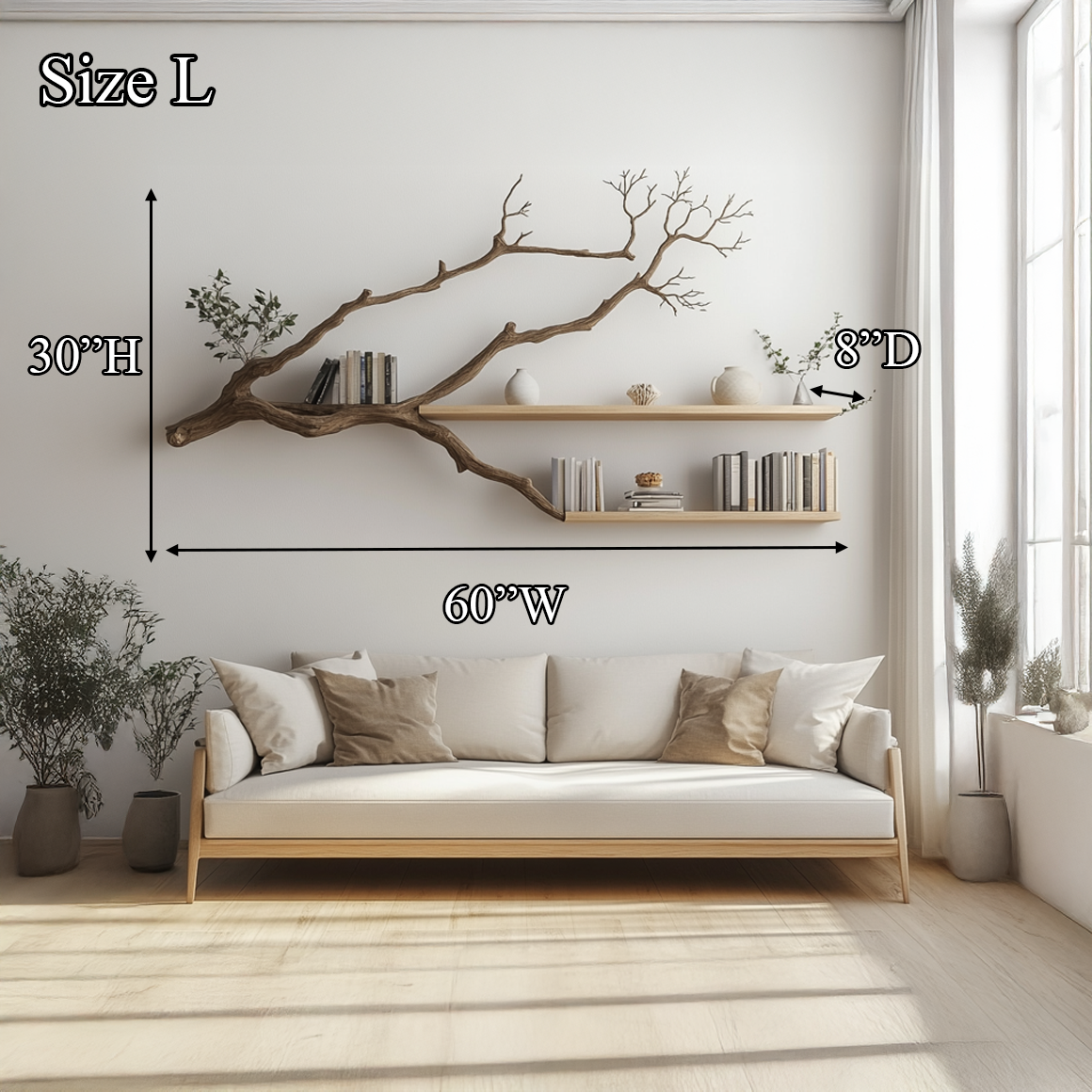 Tree Branch Wall Shelf, Rustic Solid Wood Floating Bookshelf